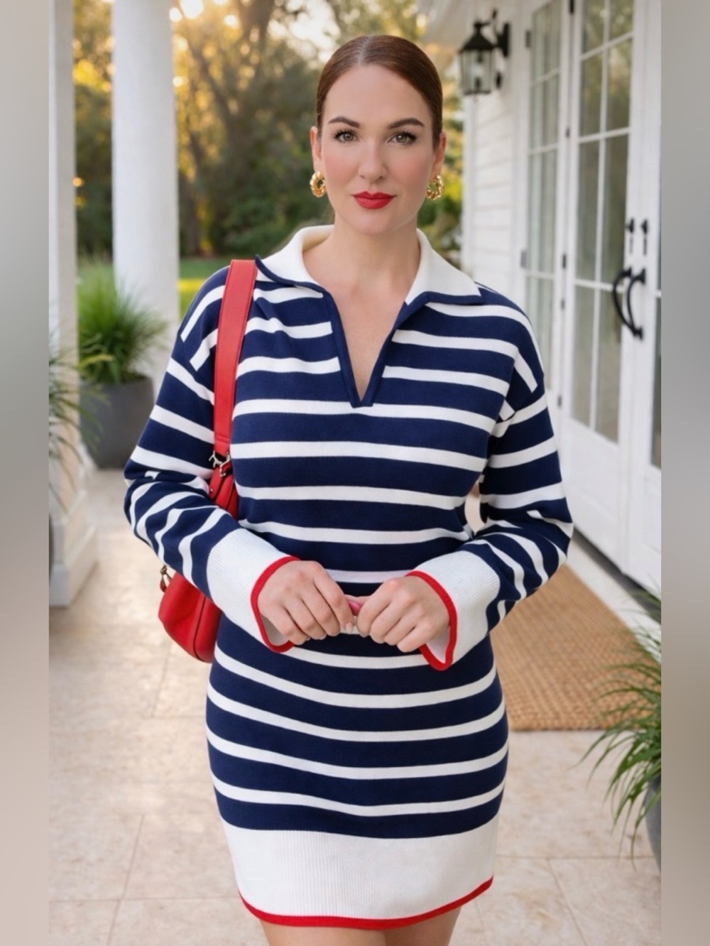 Navy & White Striped Knit Polo Dress with Red Accents - Picture 2 of 5